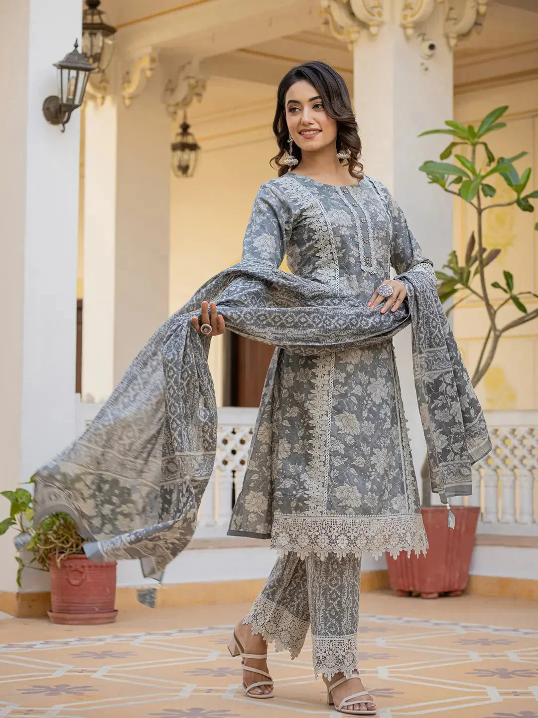 Yufta Grey Floral Print Straight Pakistani Style Kurta Trouser And Dupatta Set With Lace Work | Grocsy