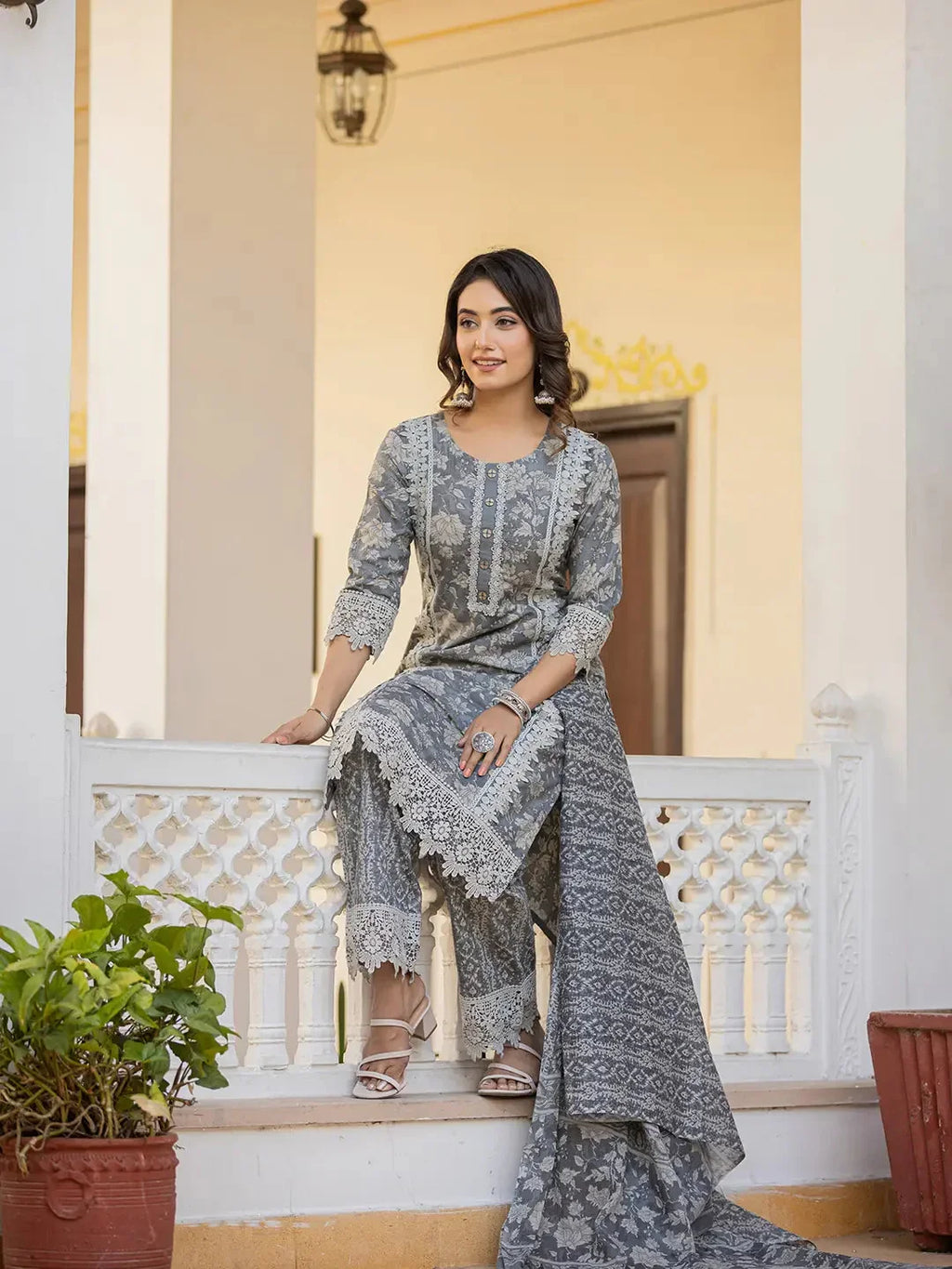 Yufta Grey Floral Print Straight Pakistani Style Kurta Trouser And Dupatta Set With Lace Work | Grocsy