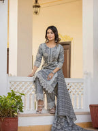 Yufta Grey Floral Print Straight Pakistani Style Kurta Trouser And Dupatta Set With Lace Work | Grocsy