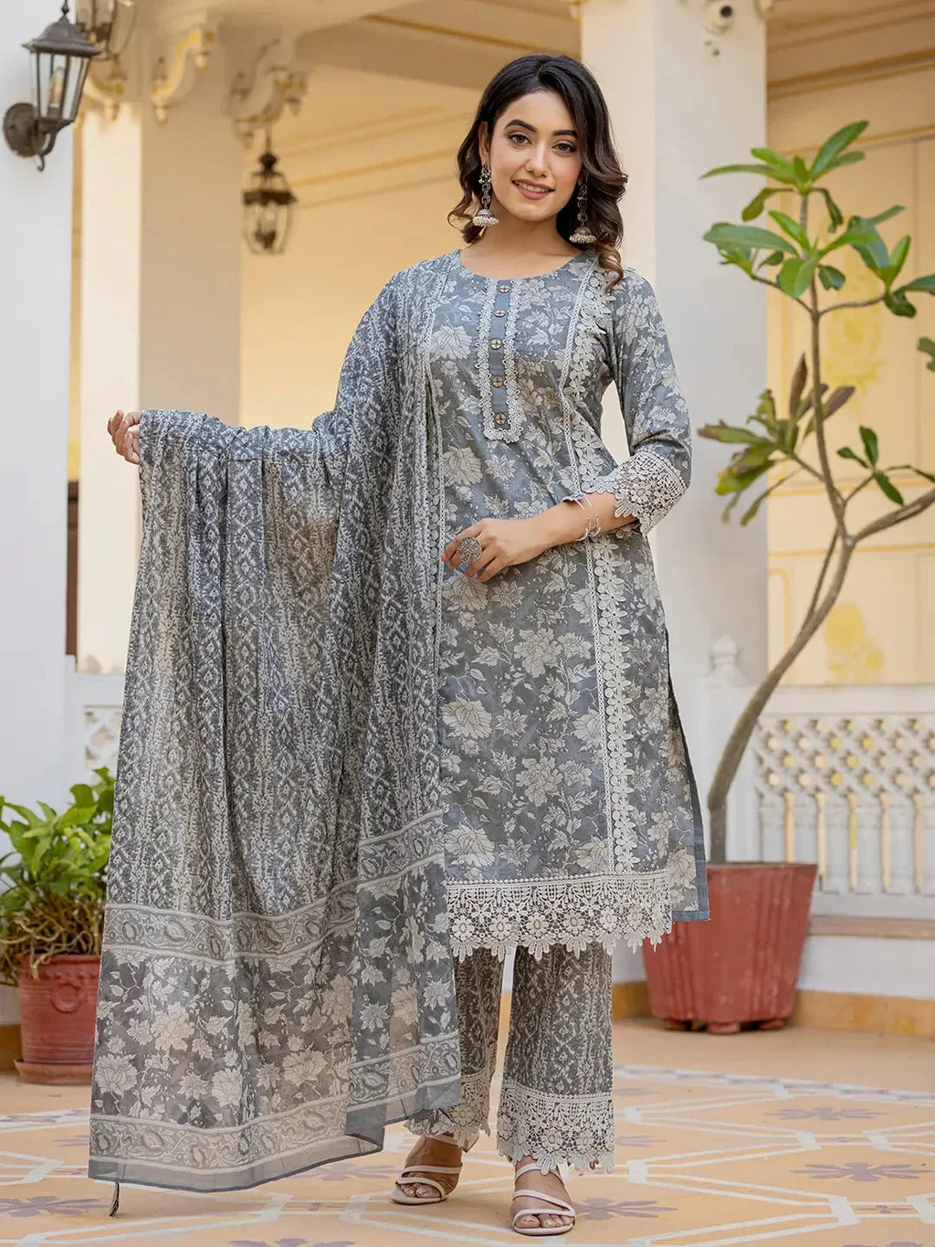 Yufta Grey Floral Print Straight Pakistani Style Kurta Trouser And Dupatta Set With Lace Work | Grocsy