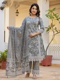 Yufta Grey Floral Print Straight Pakistani Style Kurta Trouser And Dupatta Set With Lace Work | Grocsy
