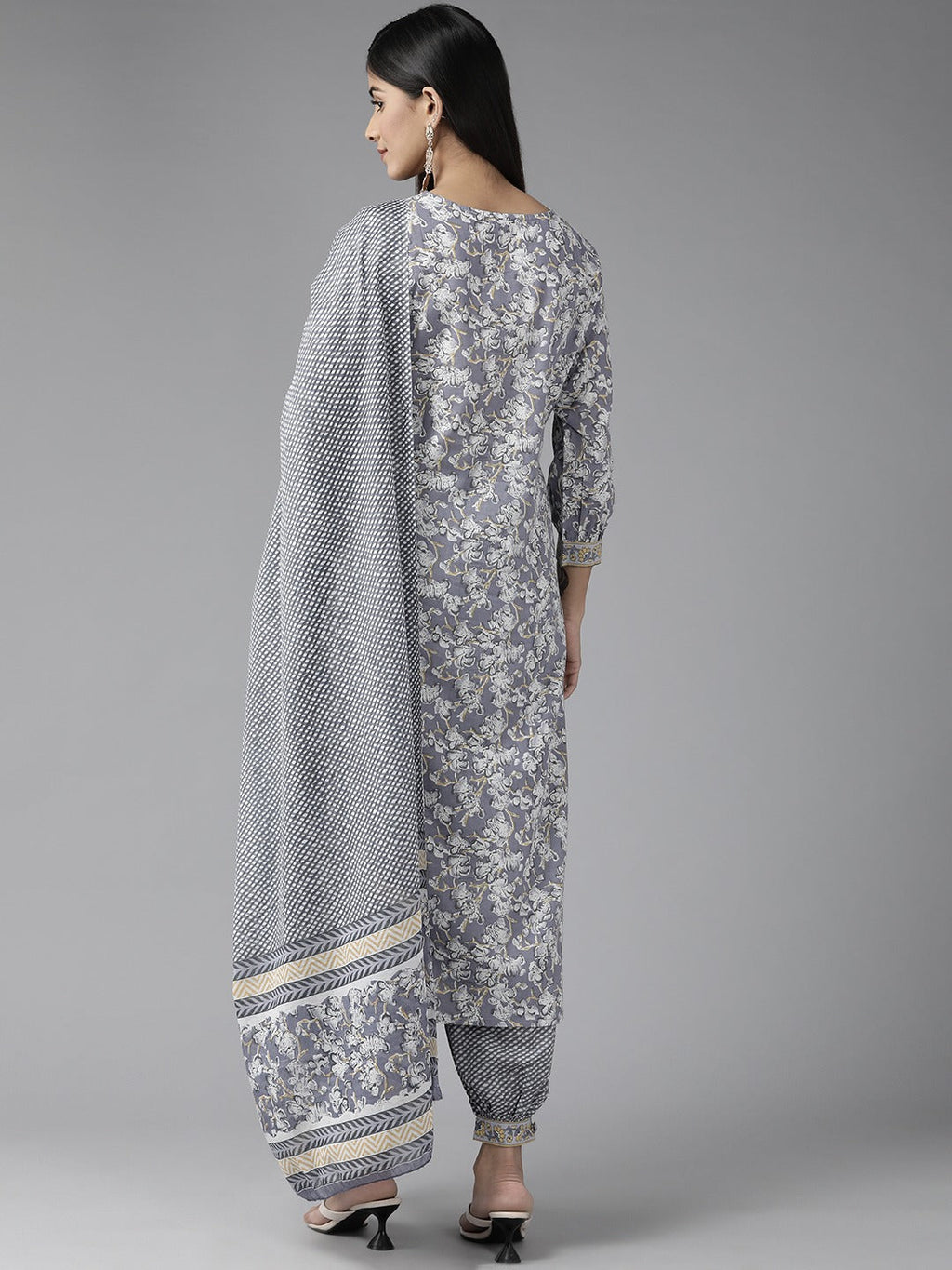 Yufta Grey Floral Printed Kurta Dupatta Set | Grocsy