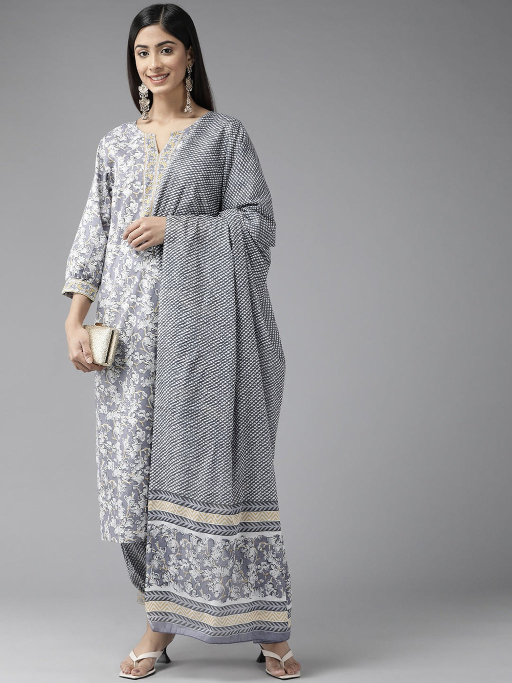 Yufta Grey Floral Printed Kurta Dupatta Set | Grocsy
