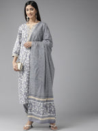 Yufta Grey Floral Printed Kurta Dupatta Set | Grocsy