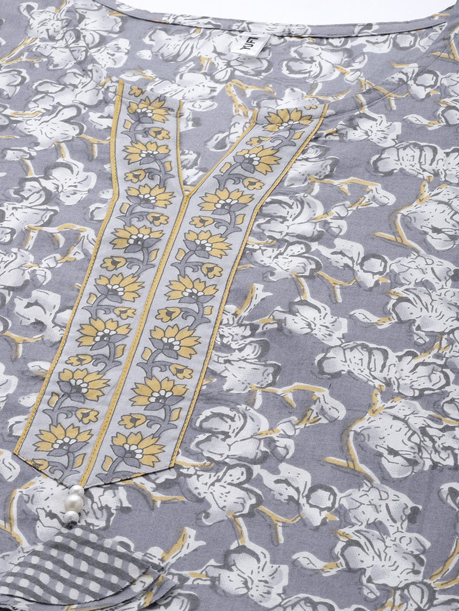 Yufta Grey Floral Printed Kurta Dupatta Set | Grocsy