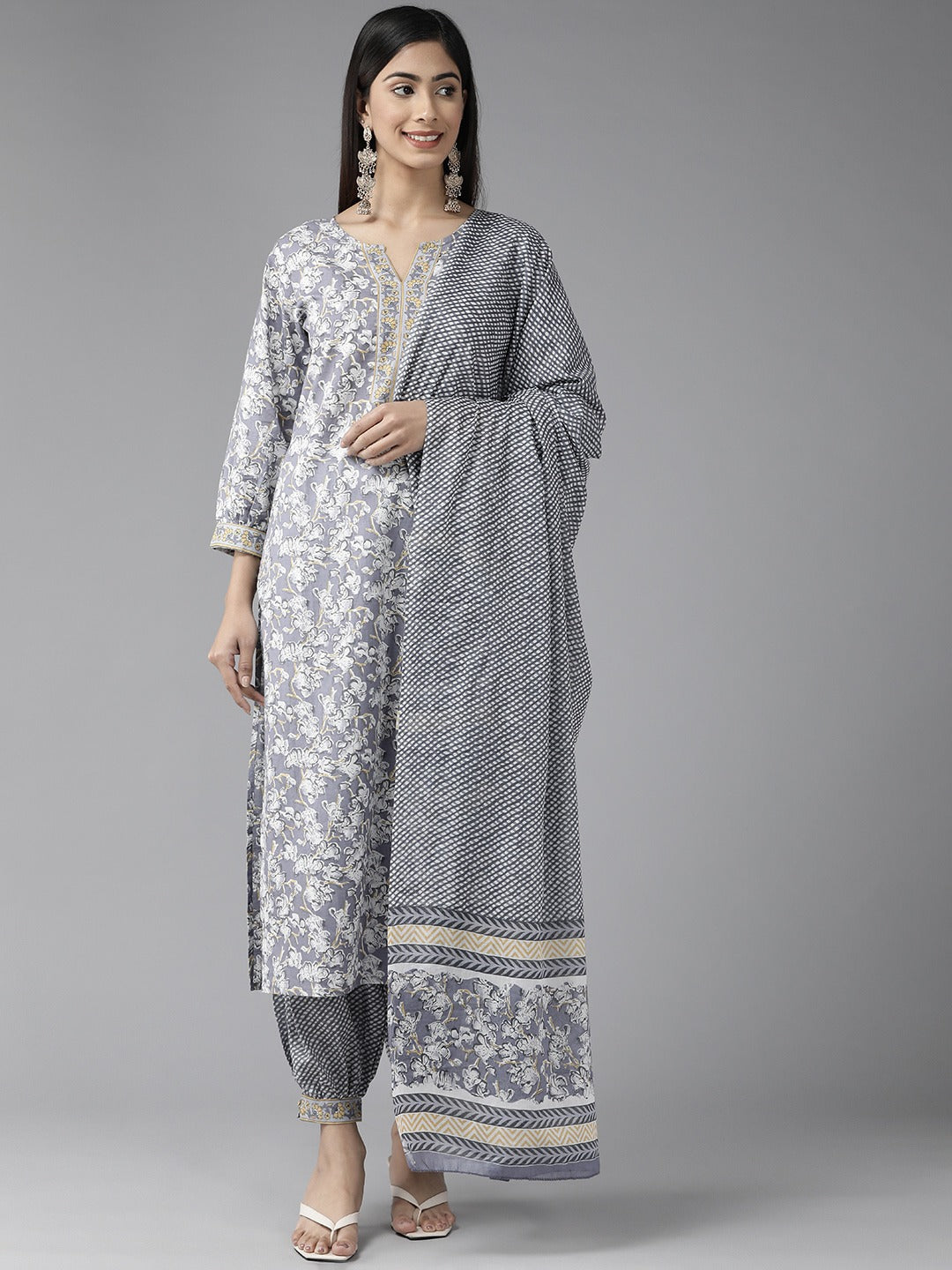 Yufta Grey Floral Printed Kurta Dupatta Set | Grocsy