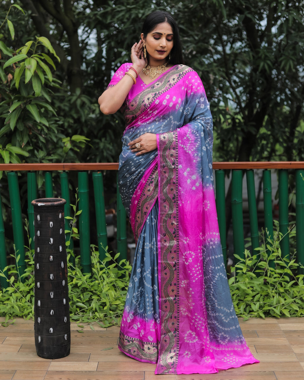 Lorenvalley Premium Pure Bandhej Tapeta Soft light weight silk saree with zari weaving Border - Multicolor | Grocsy