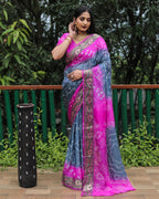Lorenvalley Premium Pure Bandhej Tapeta Soft light weight silk saree with zari weaving Border - Multicolor | Grocsy