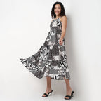 Pimu Square-Neck Maxi Dress with Graphic Print-Green | Grocsy
