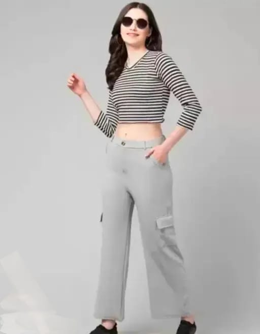PAVONINE Grey Color Cotrise Fabric With 4 pockets Cargo/Trousers For Girls & Women | Grocsy