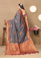 Lorenvalley Fashion Grey Soft Silk Copper Zari weaving Design Saree | Grocsy