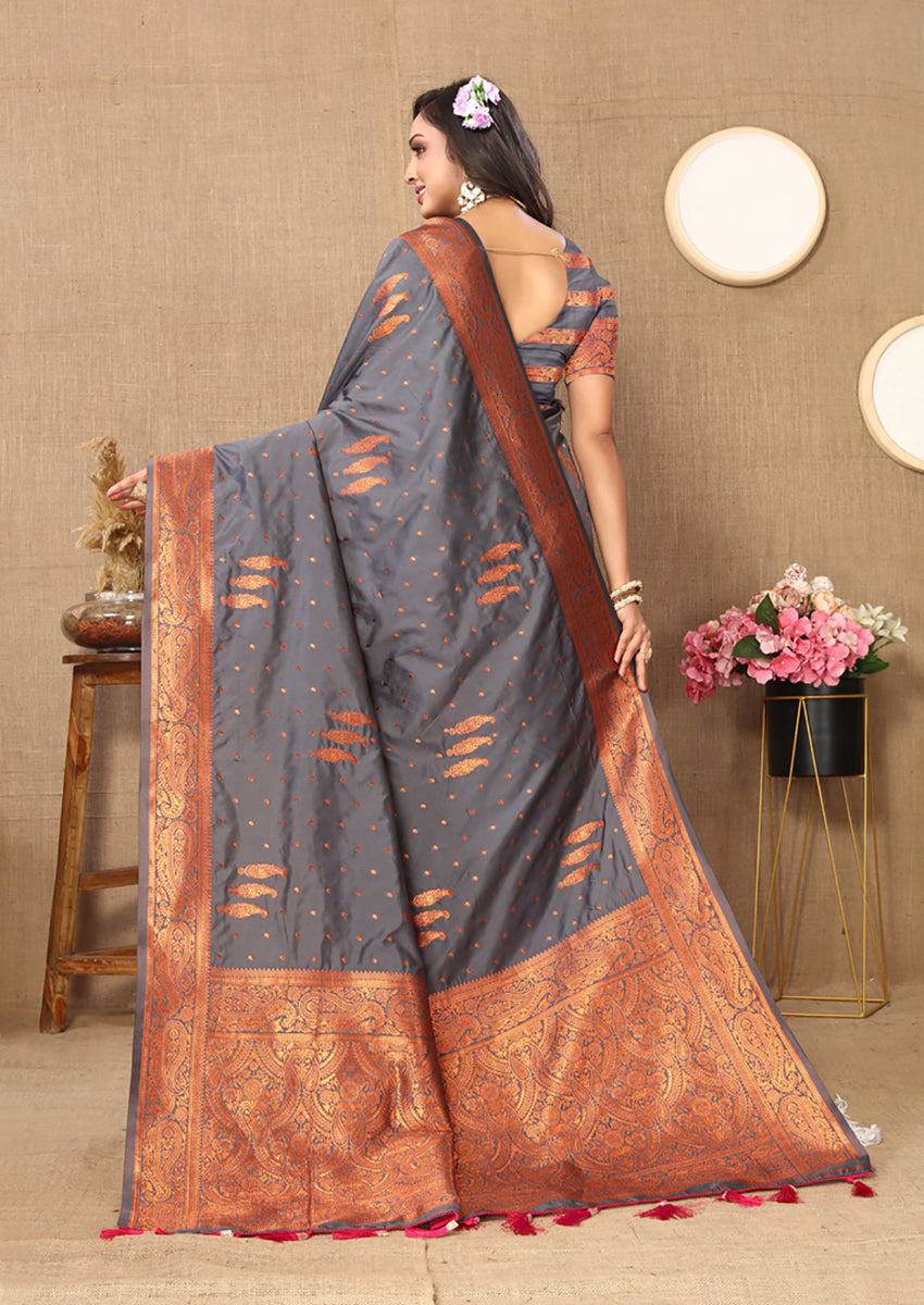 Lorenvalley Fashion Grey Soft Silk Copper Zari weaving Design Saree | Grocsy
