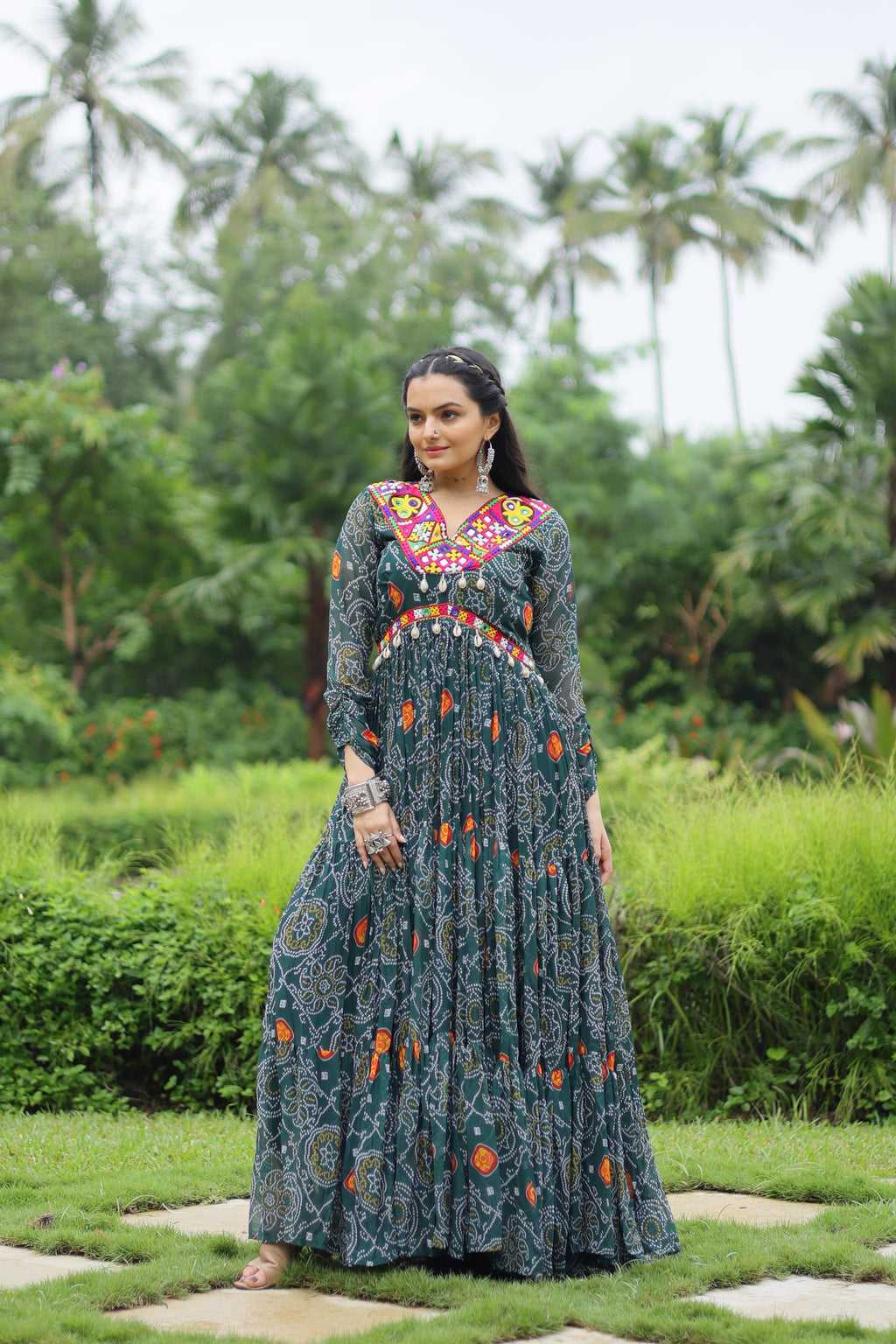 Lorenvalley Grey Faux Georgette Bandhani Print Work With Kutchi Patch Work Gown | Grocsy