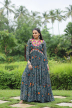 Lorenvalley Grey Faux Georgette Bandhani Print Work With Kutchi Patch Work Gown | Grocsy