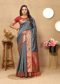 Lorenvalley Fashion Grey Soft Paithani Silk Woven Design Rich Meenakari Zari Weaving Pallu Saree | Grocsy