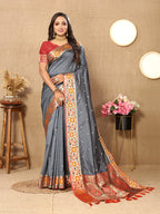 Lorenvalley Fashion Grey Soft Paithani Silk Woven Design Rich Meenakari Zari Weaving Pallu Saree | Grocsy
