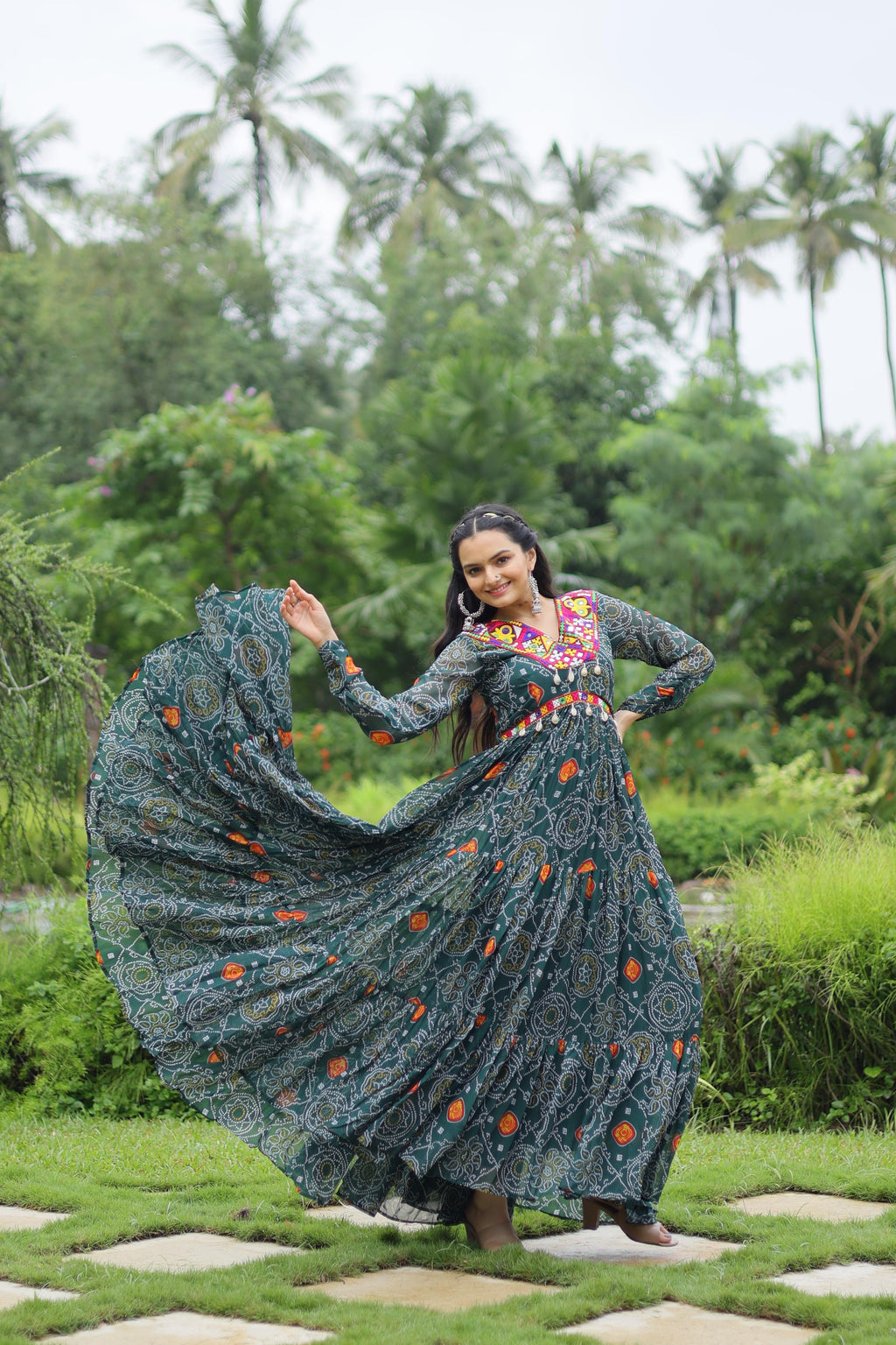 Lorenvalley Grey Faux Georgette Bandhani Print Work With Kutchi Patch Work Gown | Grocsy
