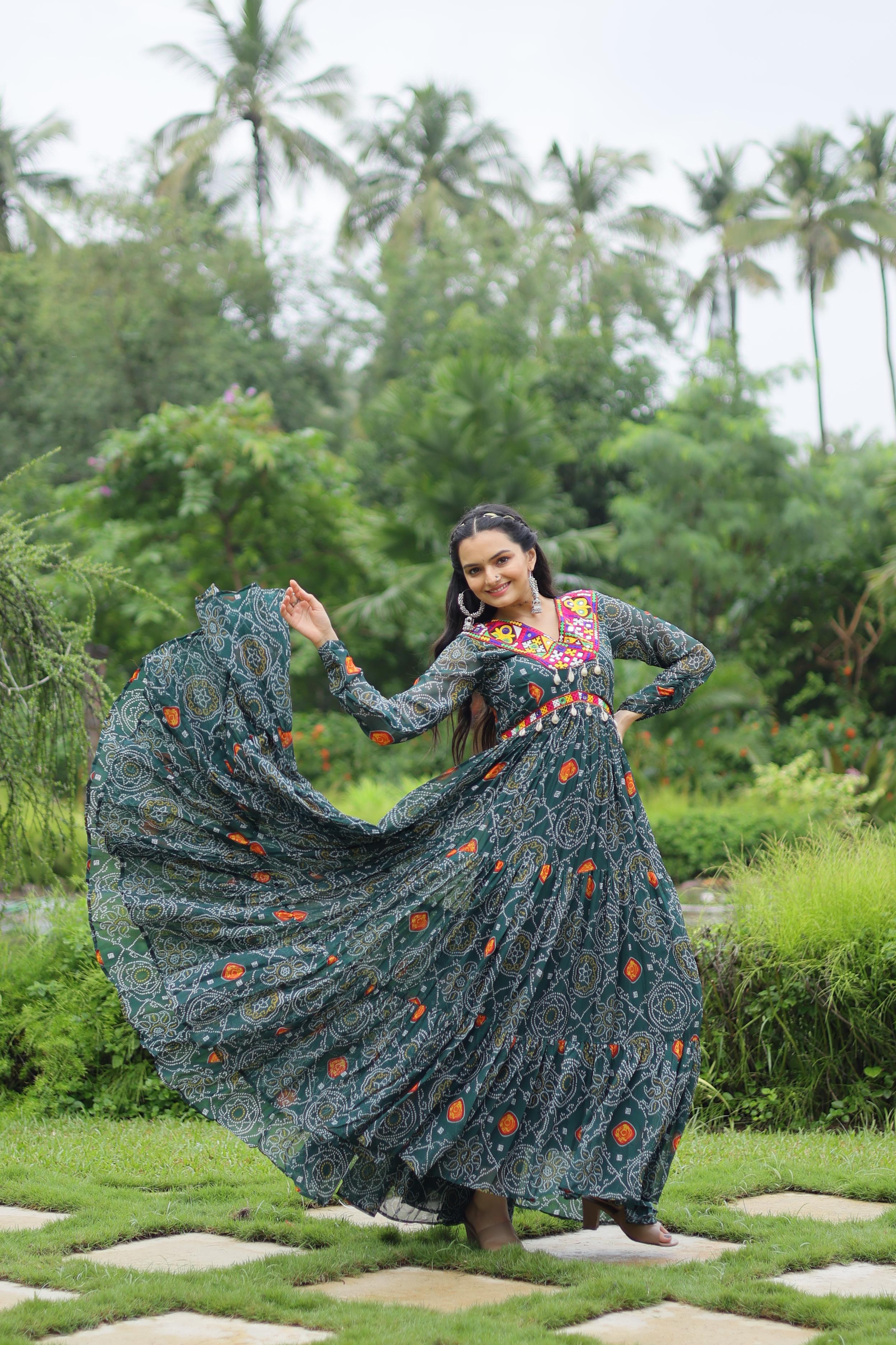Lorenvalley Grey Faux Georgette Bandhani Print Work With Kutchi Patch Work Gown | Grocsy