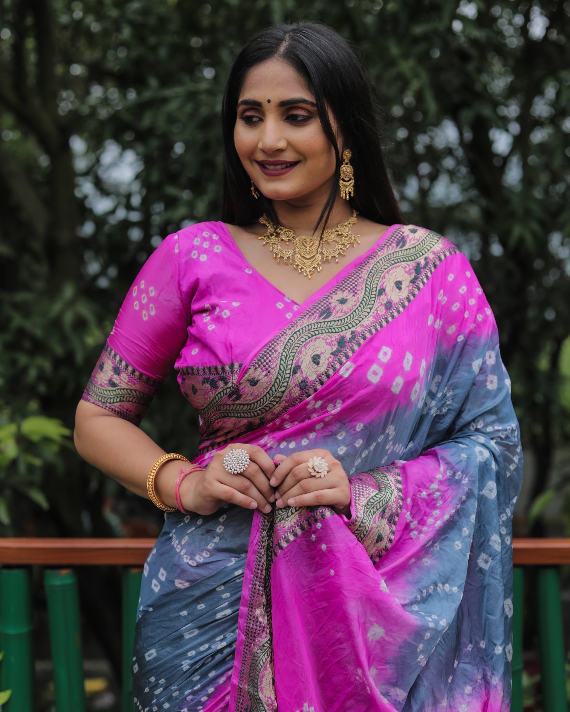 Lorenvalley Premium Pure Bandhej Tapeta Soft light weight silk saree with zari weaving Border - Multicolor | Grocsy