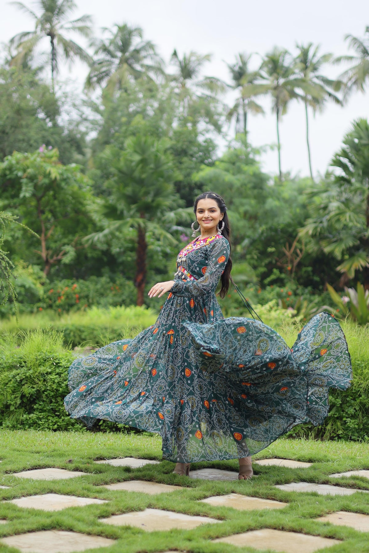 Lorenvalley Grey Faux Georgette Bandhani Print Work With Kutchi Patch Work Gown | Grocsy