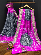 Lorenvalley Premium Pure Bandhej Tapeta Soft light weight silk saree with zari weaving Border - Multicolor | Grocsy