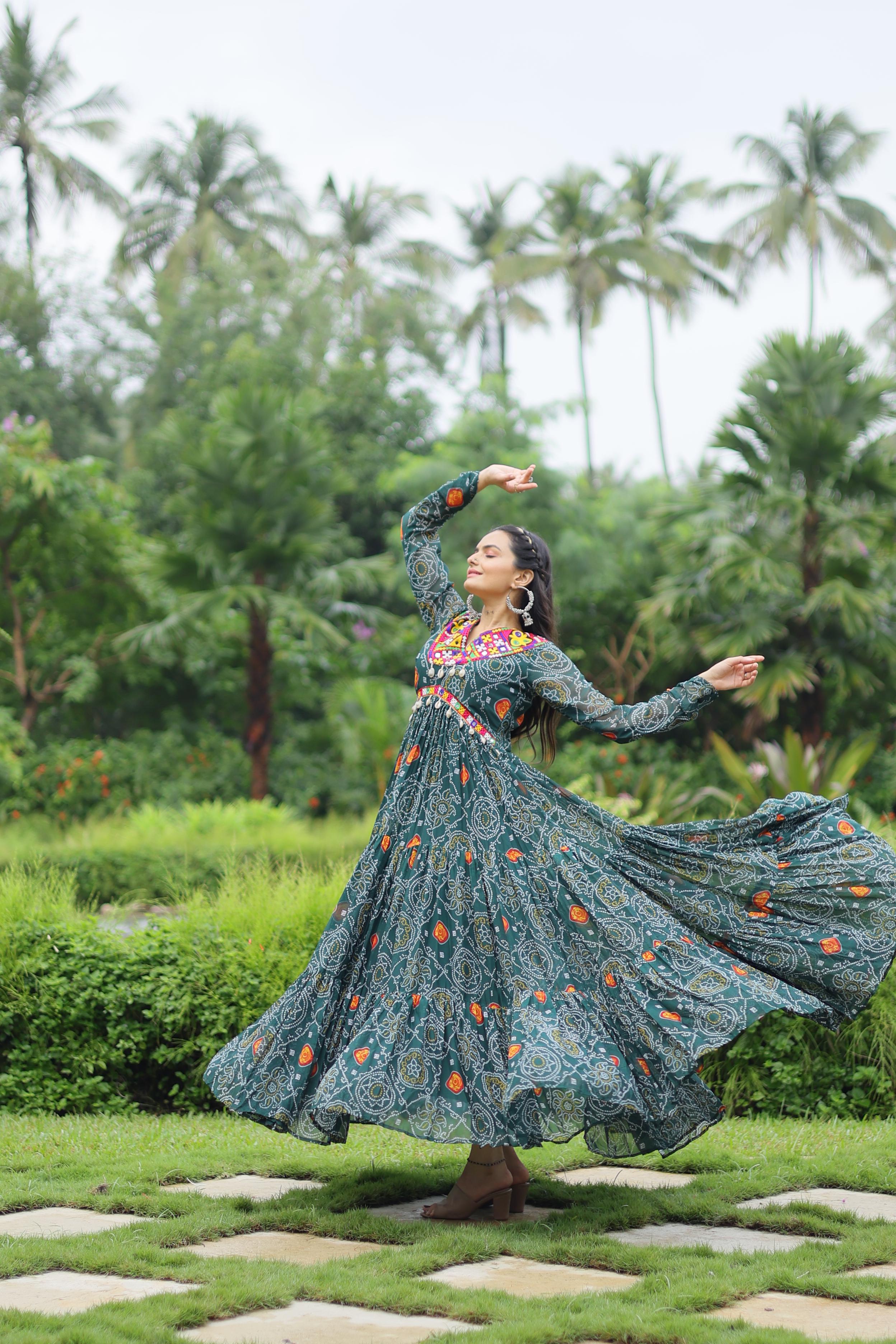 Lorenvalley Grey Faux Georgette Bandhani Print Work With Kutchi Patch Work Gown | Grocsy