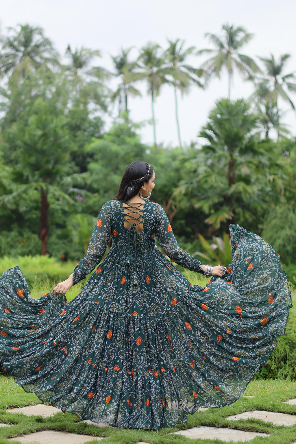 Lorenvalley Grey Faux Georgette Bandhani Print Work With Kutchi Patch Work Gown | Grocsy