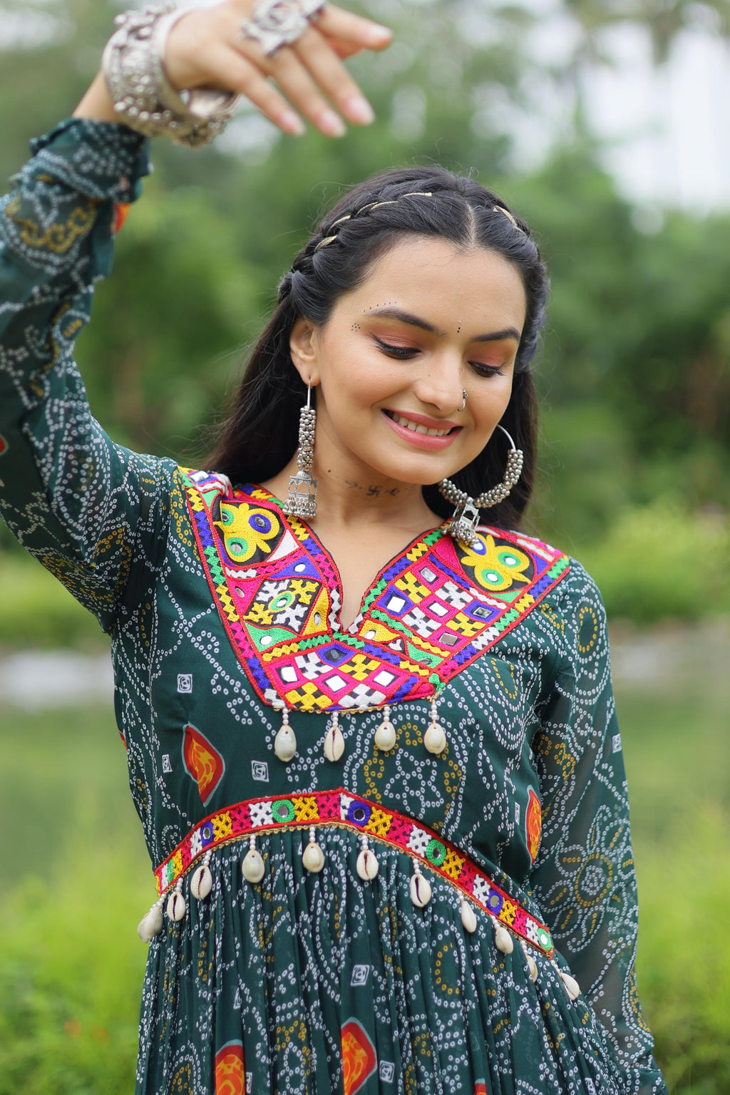 Lorenvalley Grey Faux Georgette Bandhani Print Work With Kutchi Patch Work Gown | Grocsy