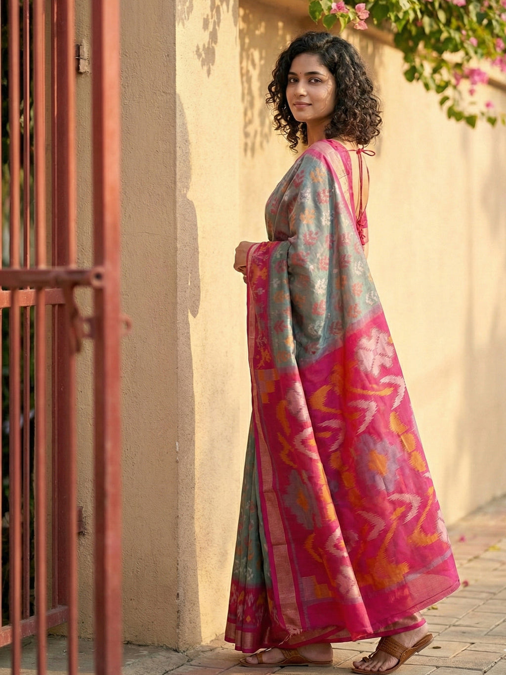 Anaita Grey Pochampally Printed Saree With Blouse | Grocsy
