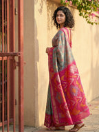 Anaita Grey Pochampally Printed Saree With Blouse | Grocsy