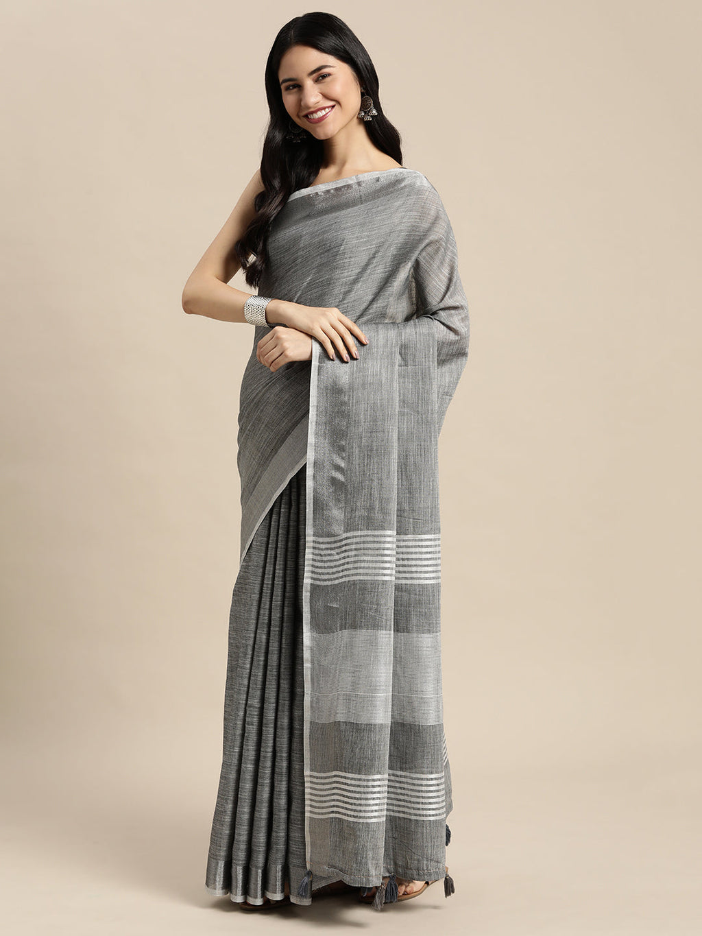 Anaita Grey Linen Saree With Blouse | Grocsy