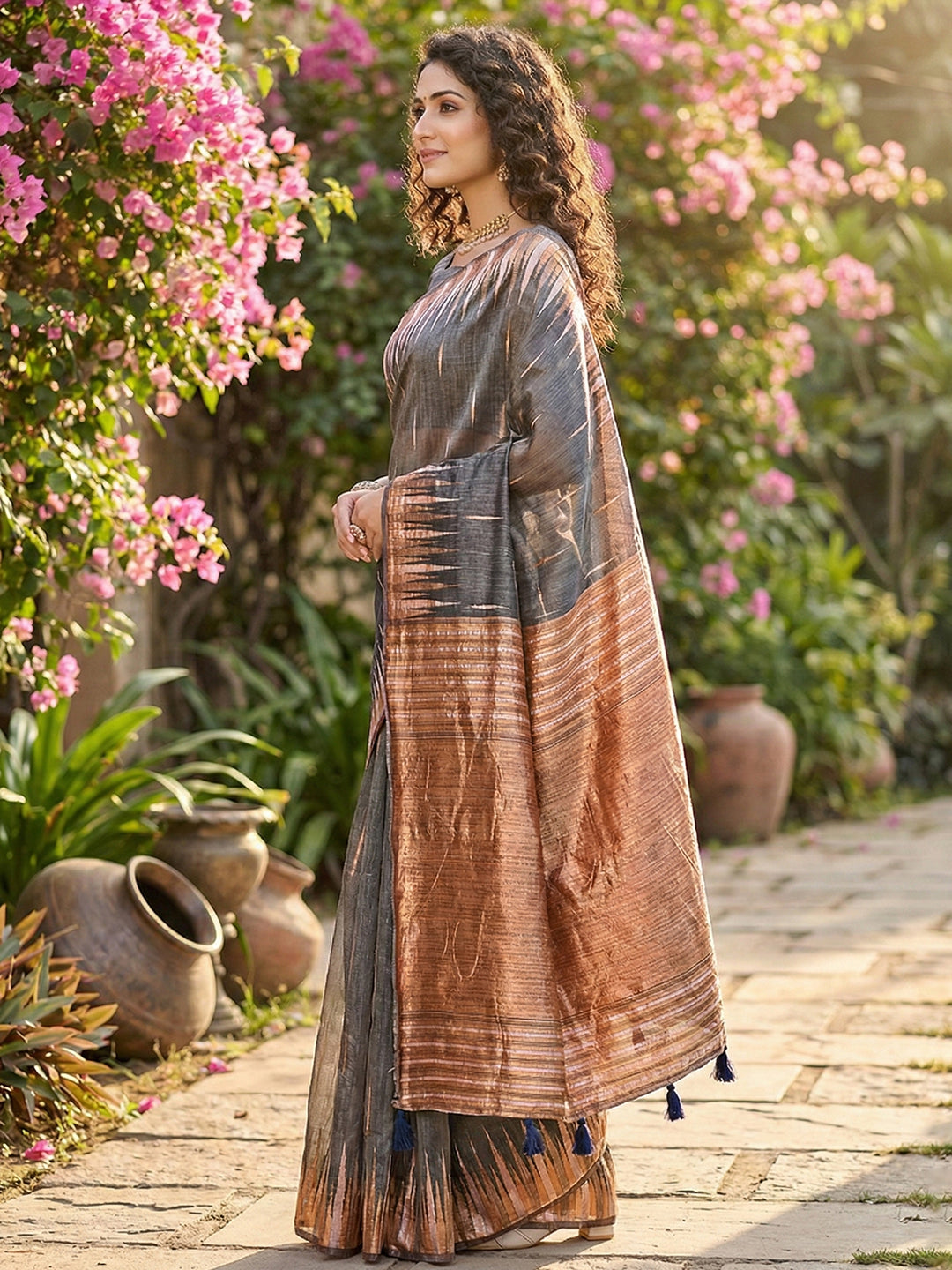 Anaita Grey Linen Woven Work Saree With Blouse | Grocsy