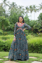 Lorenvalley Grey Faux Georgette Bandhani Print Work With Kutchi Patch Work Gown | Grocsy