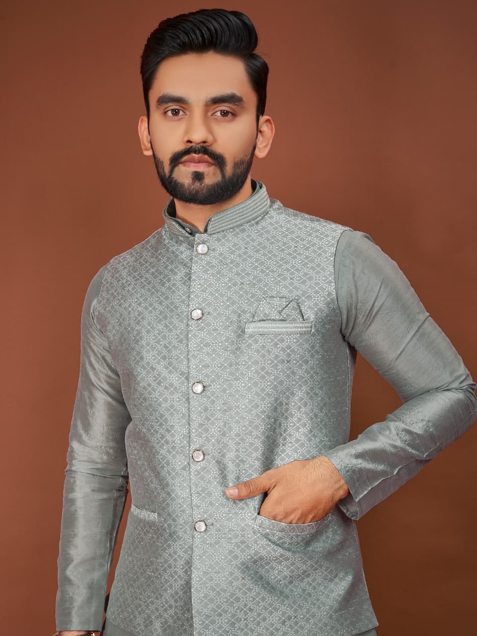 Anaita Grey Jacquard Silk Straight Kurta With Koti & Pajama | Grocsy