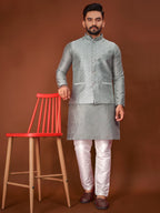 Anaita Grey Jacquard Silk Straight Kurta With Koti & Pajama | Grocsy