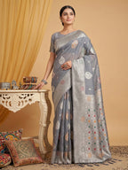 Anaita Grey Linen Woven Work Saree With Blouse | Grocsy
