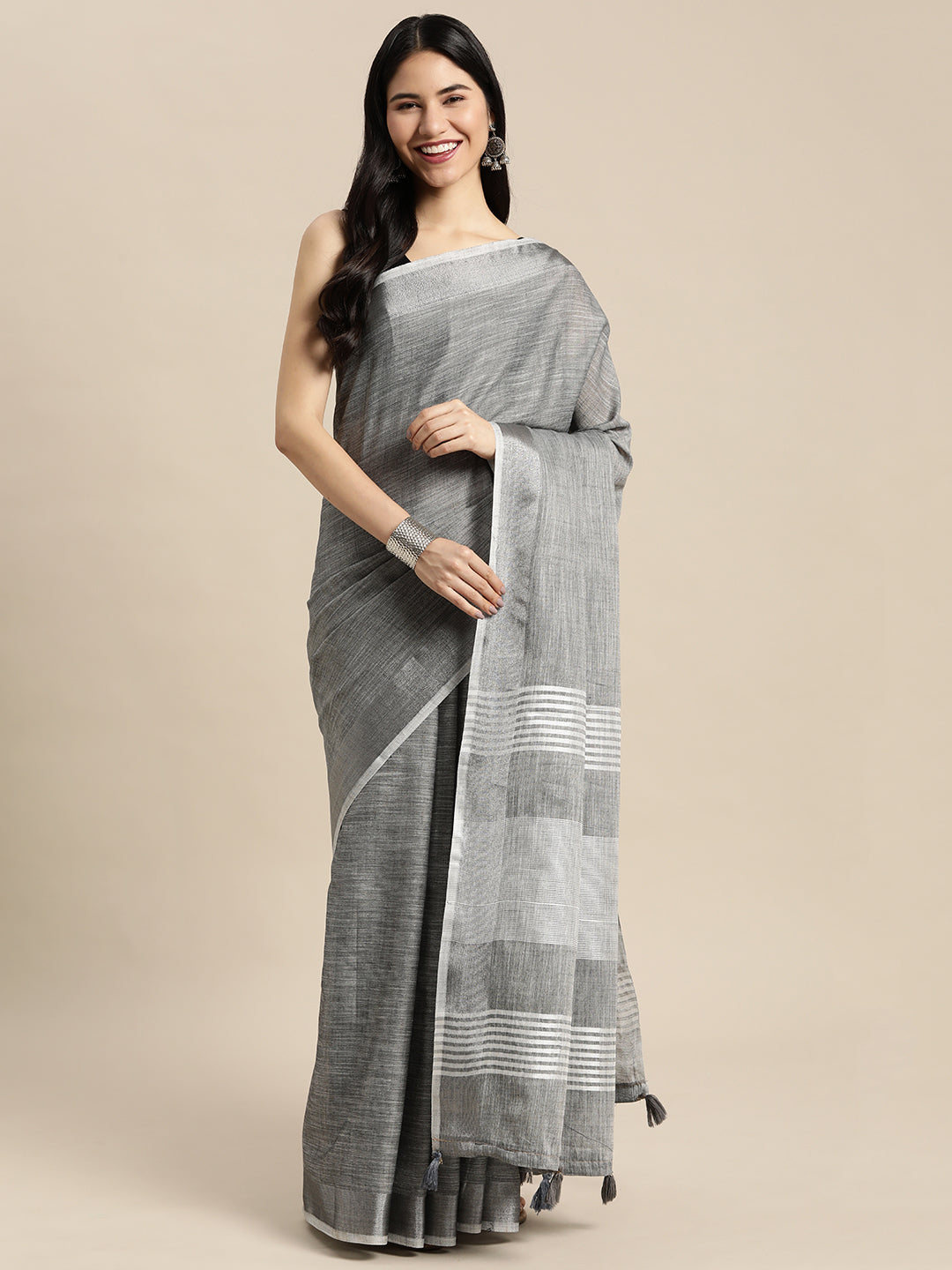 Anaita Grey Linen Saree With Blouse | Grocsy