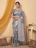 Anaita Grey Linen Woven Work Saree With Blouse | Grocsy