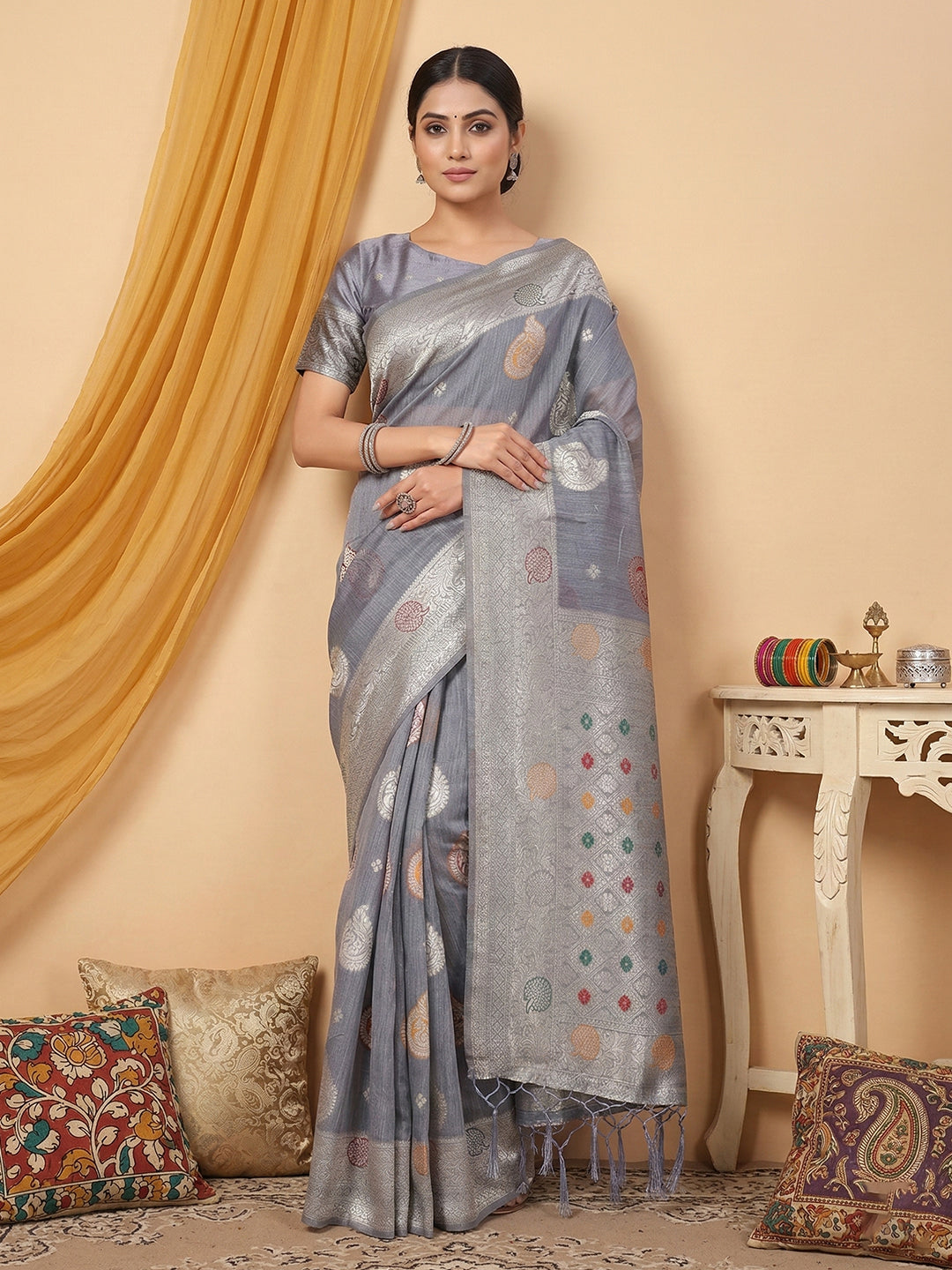 Anaita Grey Linen Woven Work Saree With Blouse | Grocsy