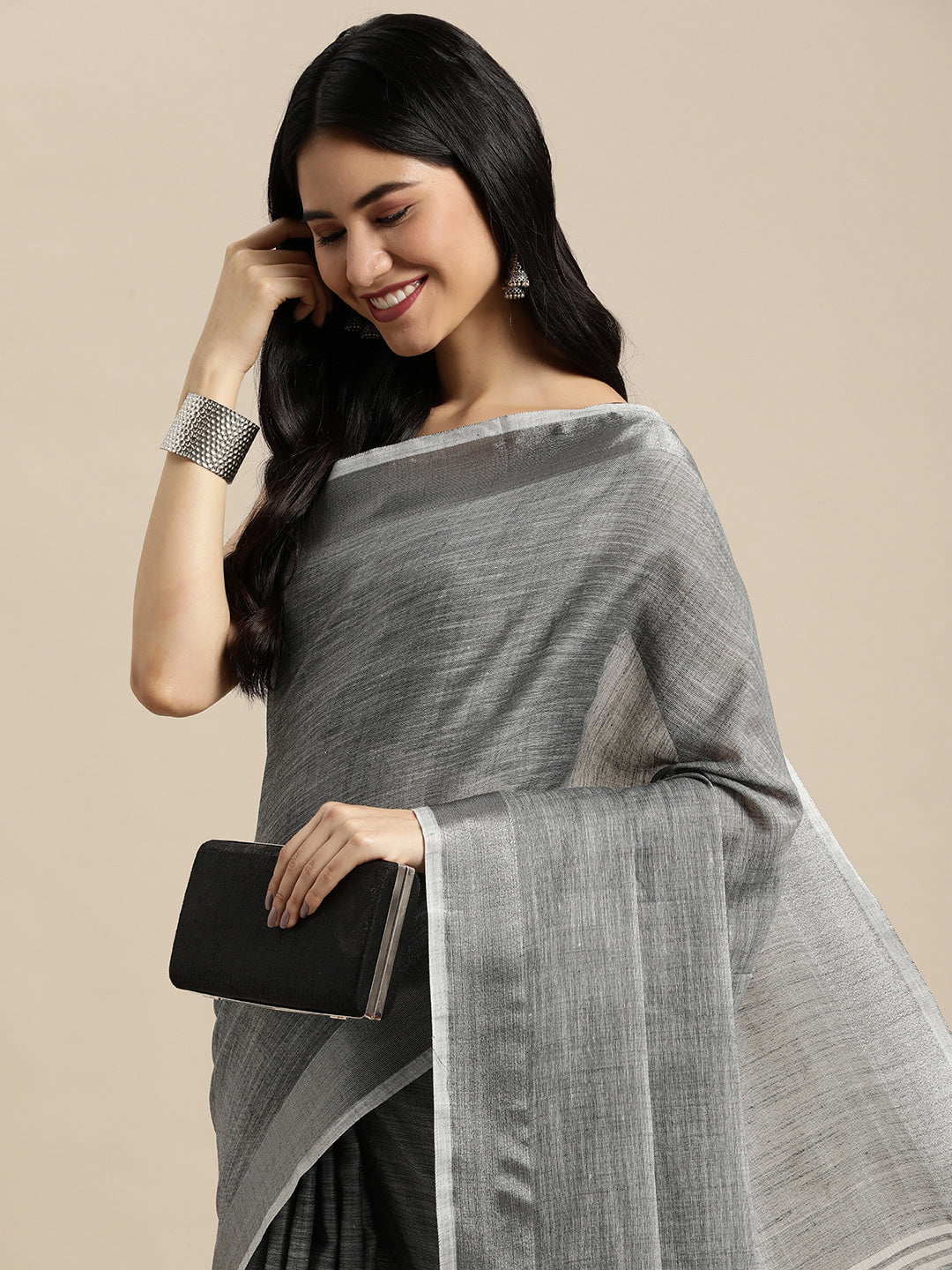 Anaita Grey Linen Saree With Blouse | Grocsy