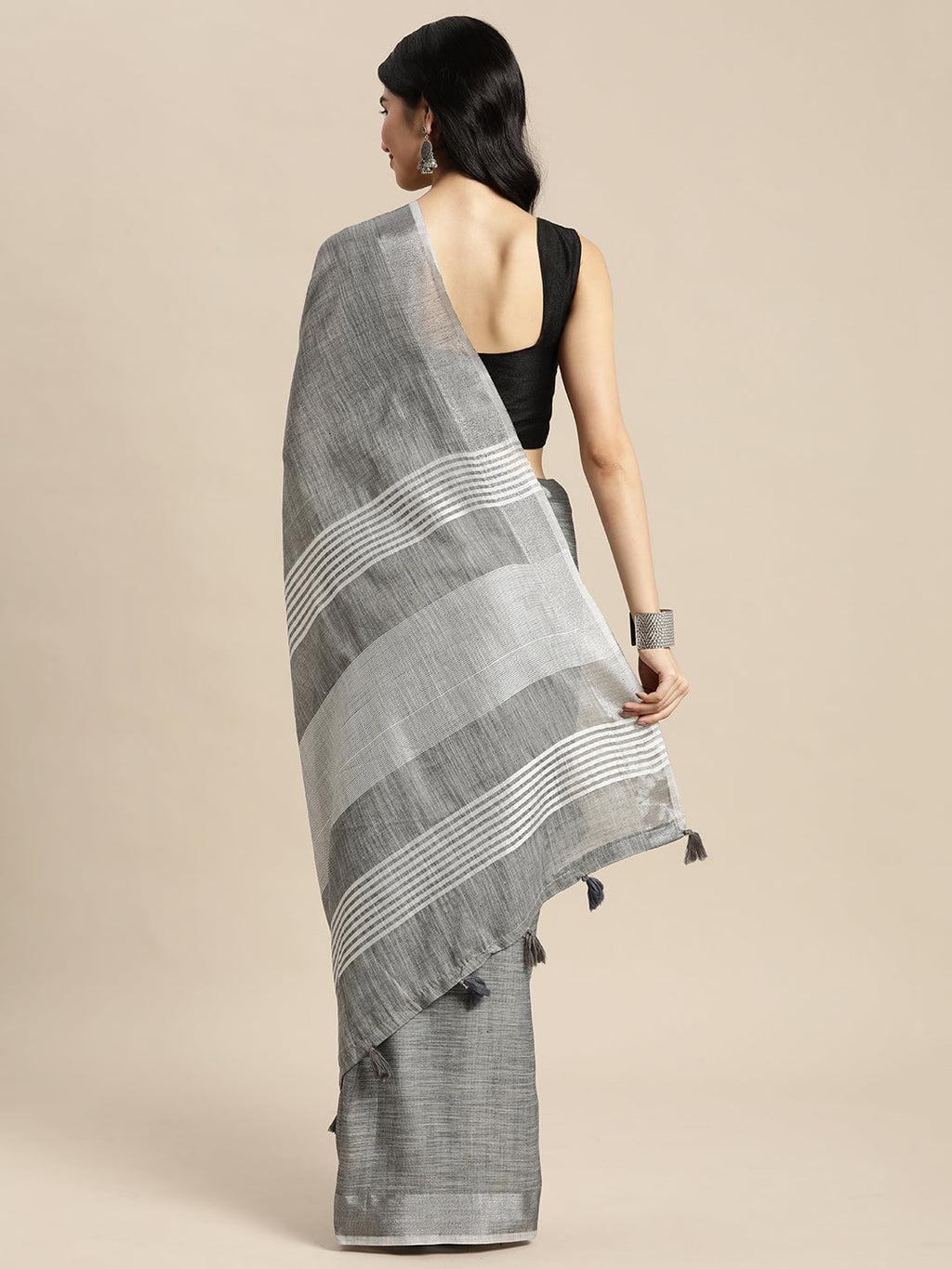 Anaita Grey Linen Saree With Blouse | Grocsy