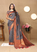 Lorenvalley Fashion Grey Soft Silk Copper Zari weaving Design Saree | Grocsy