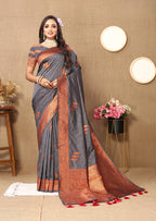 Lorenvalley Fashion Grey Soft Silk Copper Zari weaving Design Saree | Grocsy