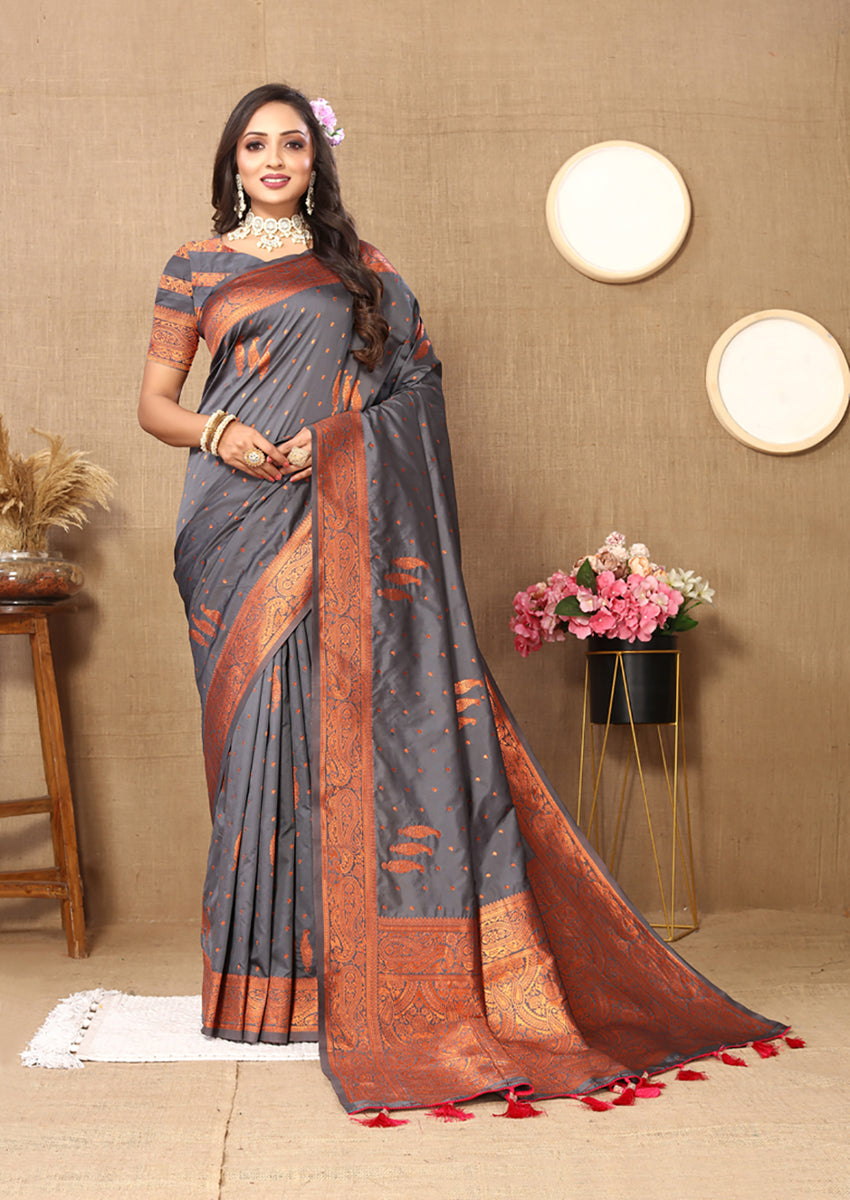 Lorenvalley Fashion Grey Soft Silk Copper Zari weaving Design Saree | Grocsy