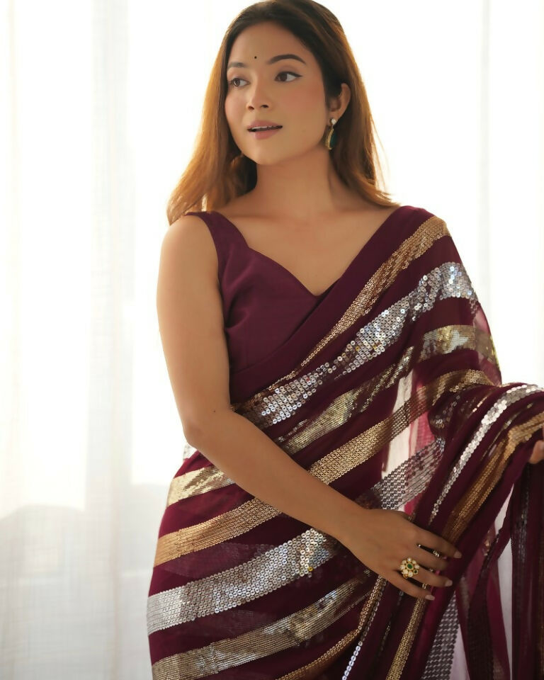 Wine Georgette Sequance Embroidery Work Border Saree - Sitare | Grocsy