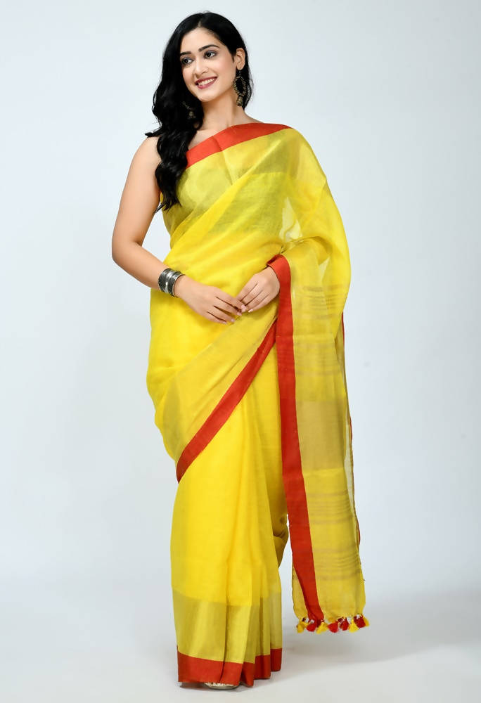 Mominos Fashion Moeza Pure Linen Yellow Saree | Grocsy