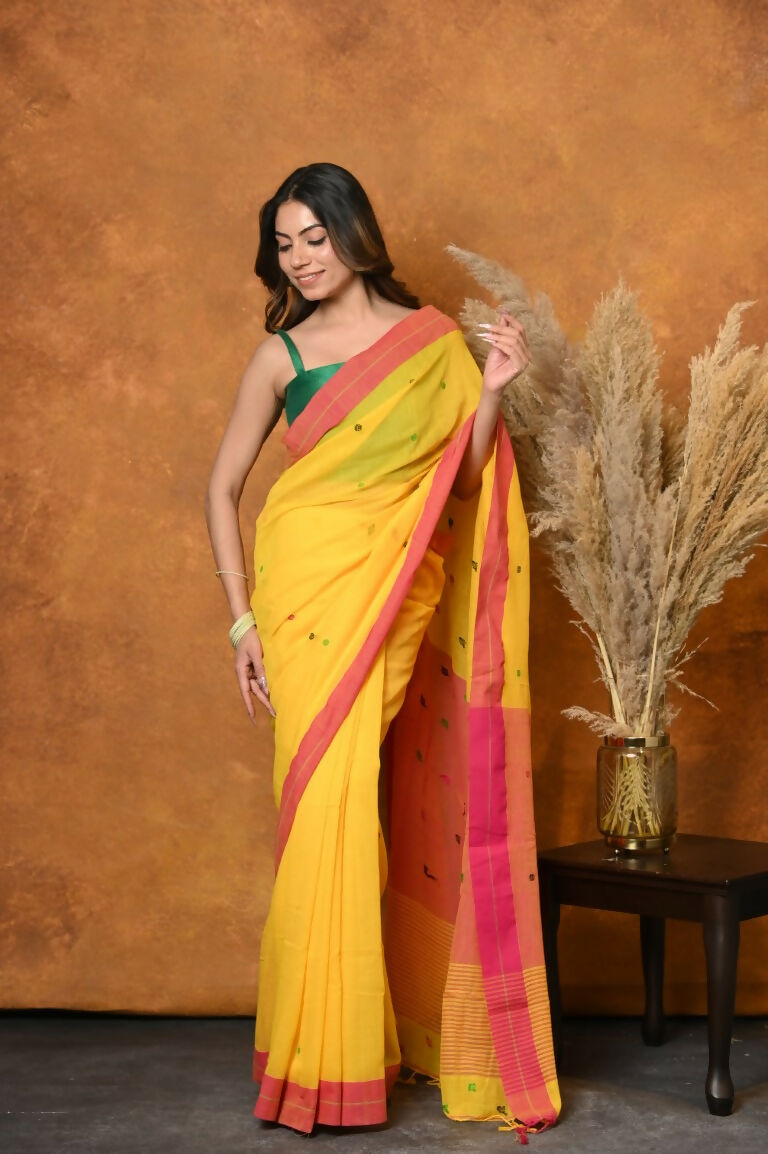 Very Much Indian Handloom Pure Cotton Saree With Sleek Border - Yellow | Grocsy