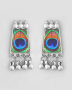 VOJ Silver Plated Oxidized Peacock Print Hasli with Earring Set | Grocsy