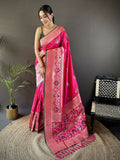 Joban Fashion Rani Pink Elephant & Floral Motifs Soft Lichi Silk Banarasi Saree | Grocsy