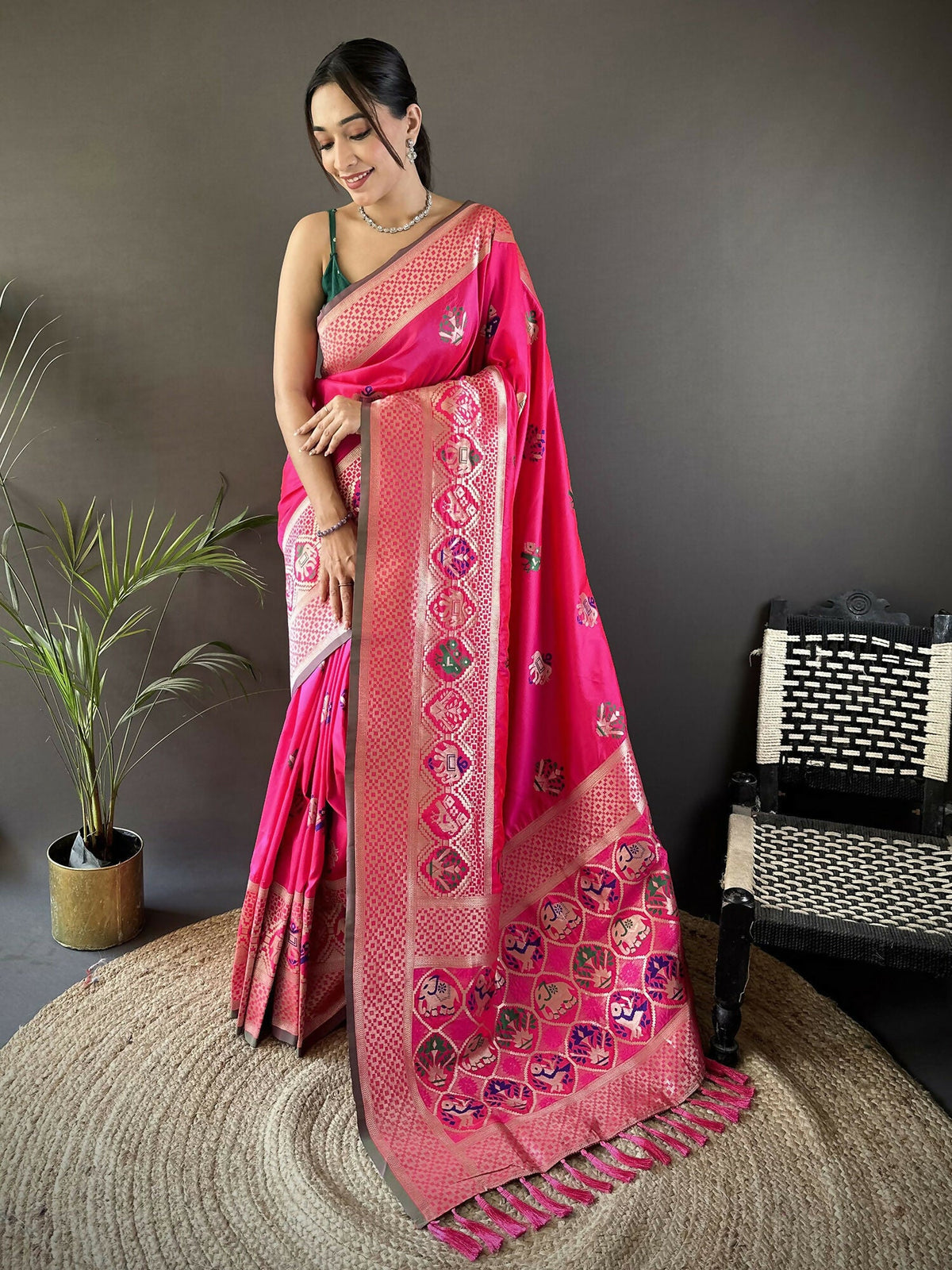 Joban Fashion Rani Pink Elephant & Floral Motifs Soft Lichi Silk Banarasi Saree | Grocsy
